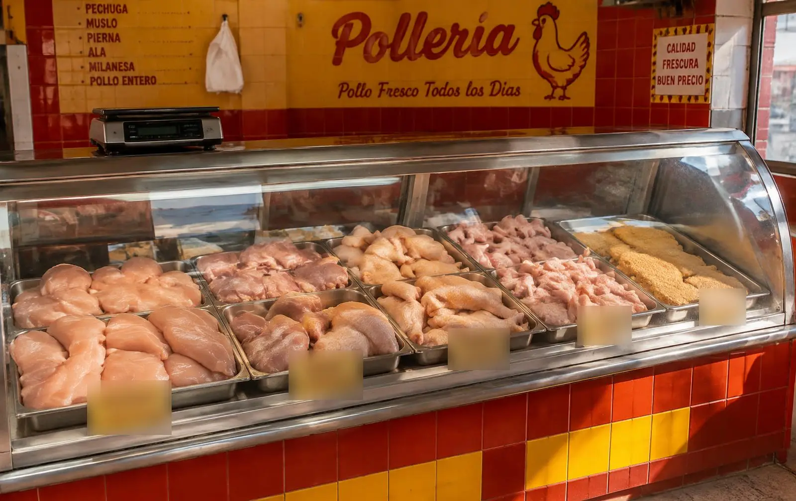 Vitrina refrigerada con cortes de pollo fresco en charolas