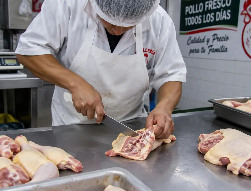 Persona con mandil y cofia cortando pollo en mesa de acero