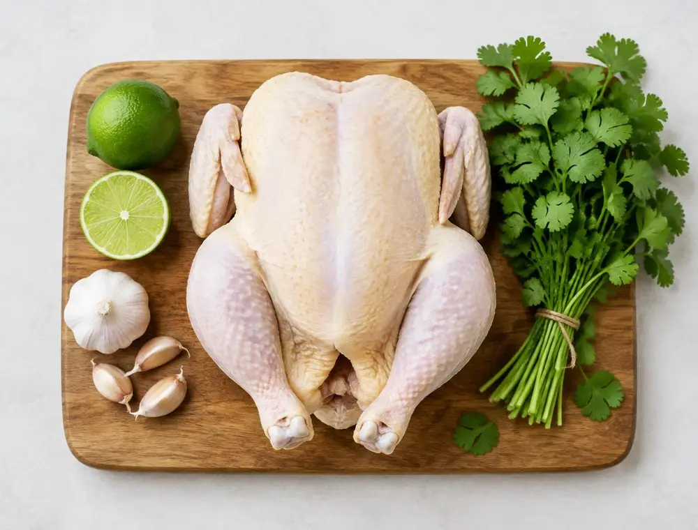 Pollo entero fresco sobre tabla con limón, ajo y cilantro